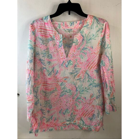 Lilly Pulitzer Amelia Island top pink crab rn#88189 shirt - Picture 2 of 8